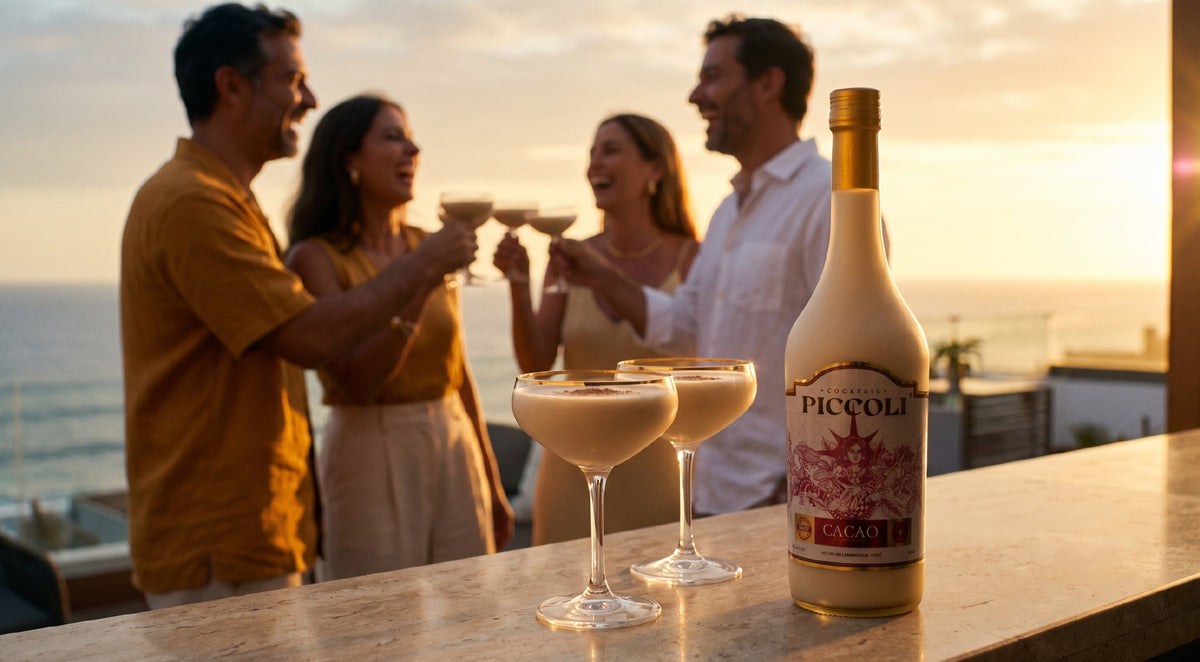 Amigos brindando con cóctel de crema Piccoli en una terraza al atardecer